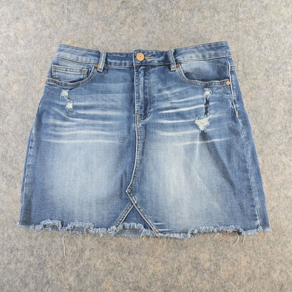 Indigo Rein Denim Mini Skirt Junior's Sz 11 Distressed Medium Wash Blue Stretch